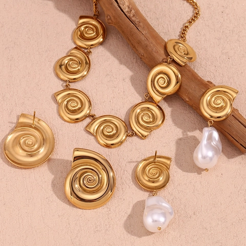 Conch Snail Shell Necklace Earrings 18K Gold Plated 316L Stainless Steel Faux Artificial Baroque Pearl Women French Vintage Design