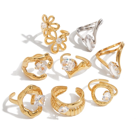 Elegante Edelstahl Ringe Für Damen 18K Vergoldet Geometrisch Weißer Zirkon Hohl Lava Textur Wasserdicht Schmuck