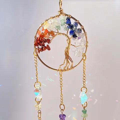 Tree Of Life Suncatcher Crystal Prism Rainbow Maker Natural Stone Hanging Ornament Boho Wall Window Decor