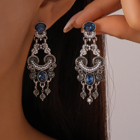Orecchini Pendenti Retro Palace Con Strass Blu Imitazione Perla Artificial E Perno In Argento Sterling 925 Per Donna