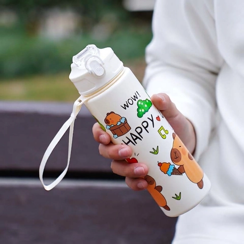 Cute Cartoon Capybara Plastic Water Bottle With Straw And Carry Strap Portable One Click Lid Leakproof For Kids Students