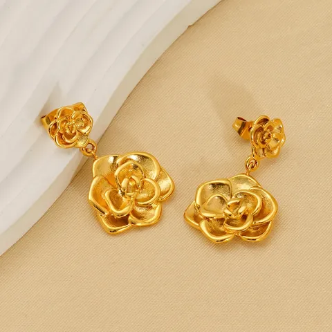 18K Gold Plated Stainless Steel Flower Drop Earrings Double Layer Rose Design French Vintage Jewelry For Women