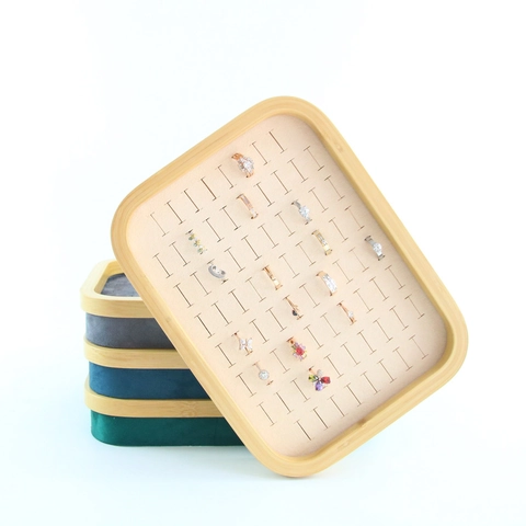 Bamboo Wood Ring Display Tray Microfiber Velvet Slots Jewelry Organizer Showcase Storage Holder For Rings Studs