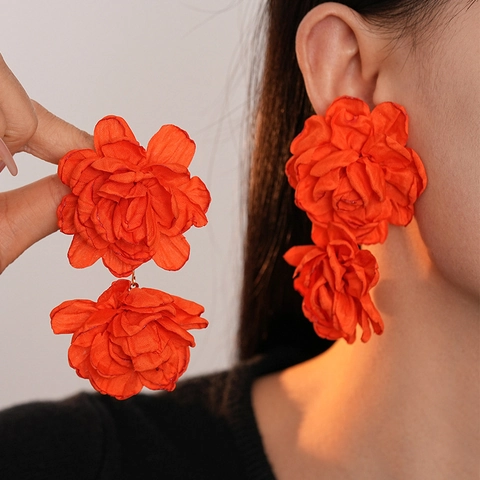 Orange Fabric Flower Drop Earrings With Silver Earring Post Alloy Woven Vintage Sweet Style For Women