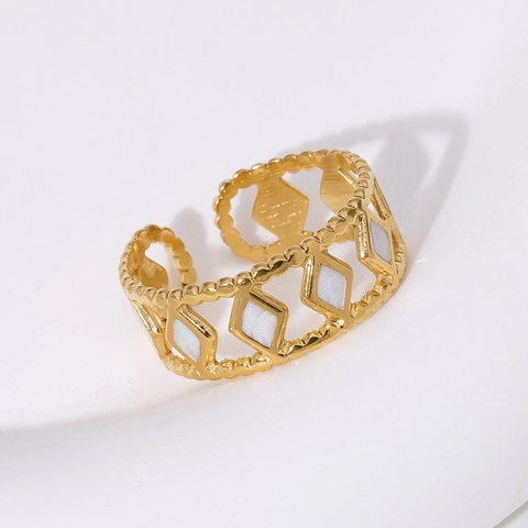 Stainless Steel Open Ring 18K Gold Plated Geometric Rhombus Enamel Adjustable Fashion Jewelry For Women