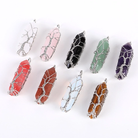 Tree Of Life Wire Wrapped Crystal Pendant Hexagonal Pillar Natural Stone Healing Point Necklace Jewelry For Women
