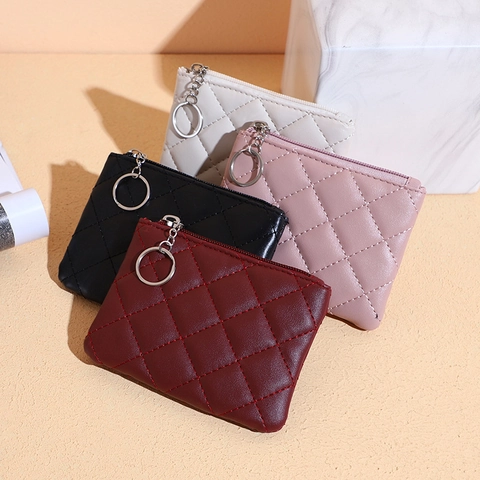 Mini Portamonete Donna Pelle PU Motivo Rombi Trapuntato Chiusura Lampo Piccola Portafoglio Con Portachiavi