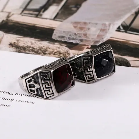Anello Sigillo Da Uomo Retro Acciaio Inossidabile Pietra Quadrata Pietra Blu Rossa Motivo Greco Gioielli Lucidati