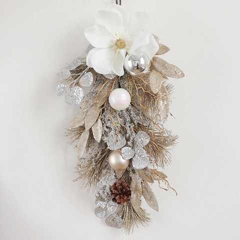 Christmas Wreath Garland Artificial White Magnolia Flower Natural Pinecone Gold Silver Ball Ornament Door Wall Decor