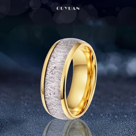 Anello In Acciaio Al Tungsteno Bordo Placcato Oro Trama Meteorite Argento Fascia Minimalista Uomo