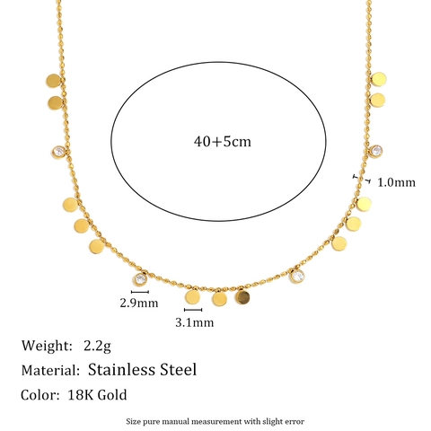Collana Elegante In Acciaio Inossidabile Placcato Oro 18K Per Donna Pendente Disco Tondo Zircone Catena A Sfere