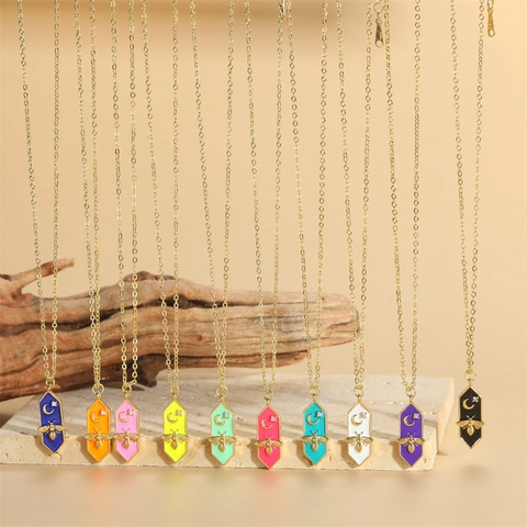 Collar con Colgante Hexagonal de Abeja y Luna de Esmalte de Cobre Vintage para Mujer Joyas de Estrás Chapadas en Oro de Dopamina Cadena de Clavícula