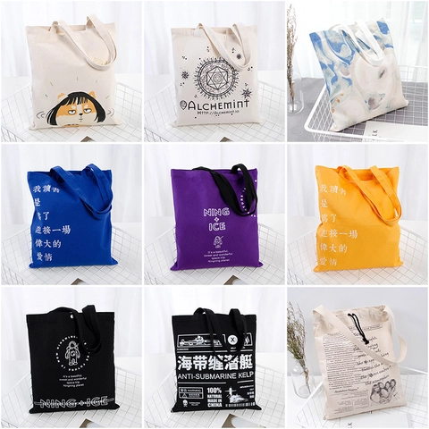 Canvas Tote Bag Drawstring Closure Cotton Storage Shopping Handbag Portable Solid Color Plain Reusable