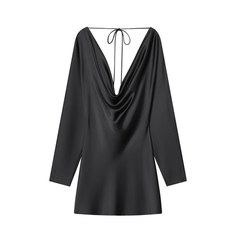 Satin Mini Kleid Mit Wasserfall Ausschnitt Rückenfrei Langarm Elegant Sexy Party Damen