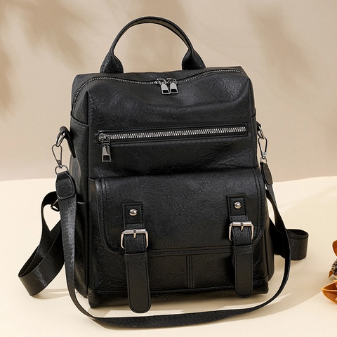 Sac À Dos Femme Mode Rétro Cuir PU Multi Poche Grande Capacité Sac De Voyage Style Coréen Hydrofuge Doux Décontracté