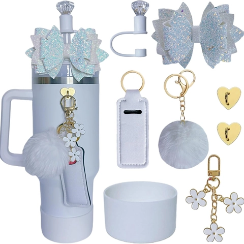Glitter Bow Tumbler Accessory Diamond Straw Cover Pom Pom Keychain Lipstick Pouch Silicone Boot Flower Charm Decoration