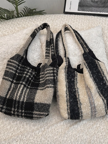 Large Capacity Plush Tote Bag Faux Lamb Wool Shoulder Handbag Plaid Striped Pattern Winter Casual Fashion For Women
