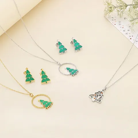 Collana Con Ciondolo Albero Di Natale E Orecchini 316L Acciaio Inossidabile Smalto Verde Gioielli Festivi Per Donna