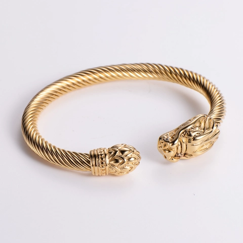 Stainless Steel Open Cuff Bracelet 18K Gold Plated Twisted Cable Wire Dragon Head Punk Bangle Jewelry For Men Women