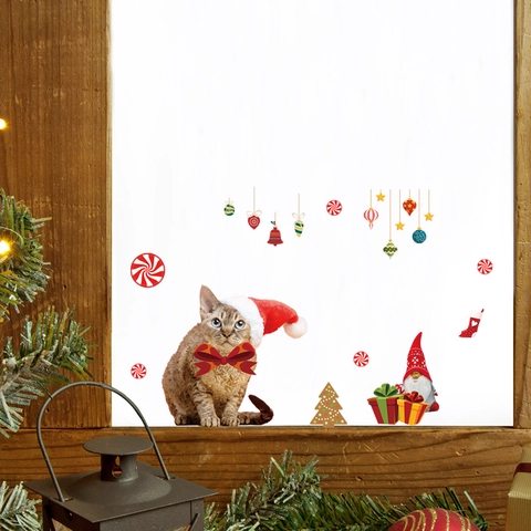 Kerst Wandstickers PVC Waterdicht Cartoon Kat Kerstman Boom Ornamenten Voor Venster Glas Showcase Huis Feestelijke Decoratie