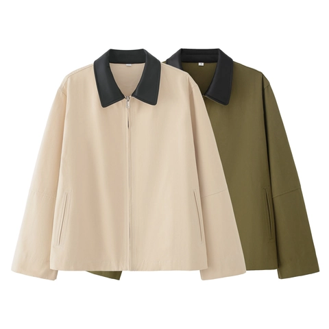 Women Casual Jacket Contrast PU Leather Lapel Polyester Zipper Long Sleeve Solid Color Outerwear Coat