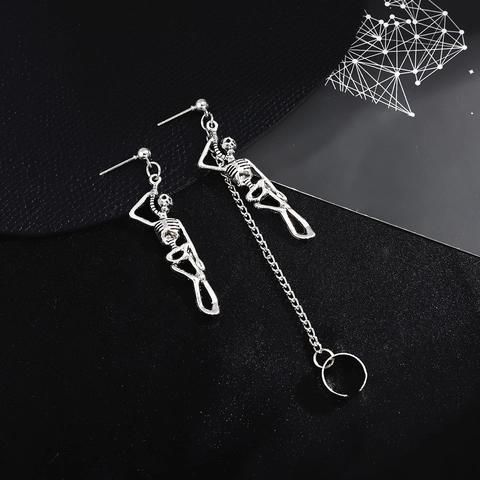 Orecchini Asimmetrici Lega Teschio Scheletro Catena Lunga Punk Gothic Gioielli Accessori Halloween Per Donna