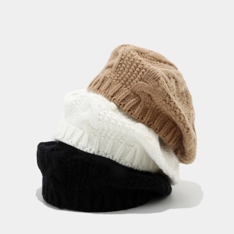 Béret En Tricot Pour Femmes Bonnet Chaud Épais En Acrylique Chapeau De Peintre Automne Hiver Extérieur Rétro Mode