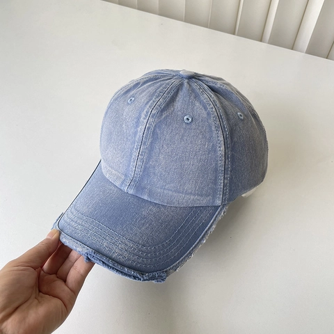 Washed Cotton Baseball Cap Distressed Frayed Edge Retro Denim Sun Hat Adjustable Leather Strap Vintage Style