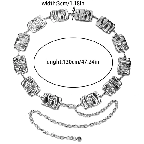 Women Fashion Metal Chain Belt Silver Pleated Rectangular Links Adjustable Waist Decoration For Dress