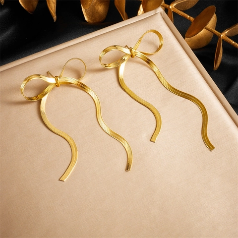 Bowknot Quaste Hängeohrringe Edelstahl Vergoldet Schlangenkette Lange Drop Elegante Schmuck Für Frauen