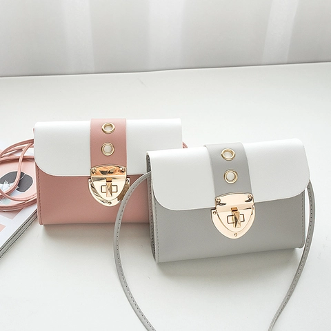 Women Mini Crossbody Bag Colorblock PU Leather Small Square Shoulder Bag With Metal Lock Buckle Fashion Casual