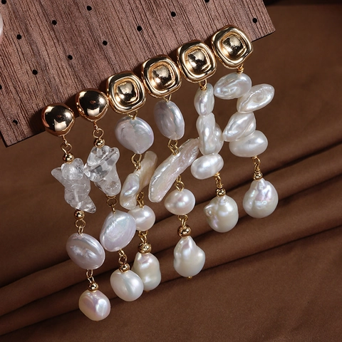 Boucles D'oreilles Pendantes Süßwasserperles De Culture Baroque Naturelles Dorées Avec Tige En Argent Sterling 925 Style Rétro