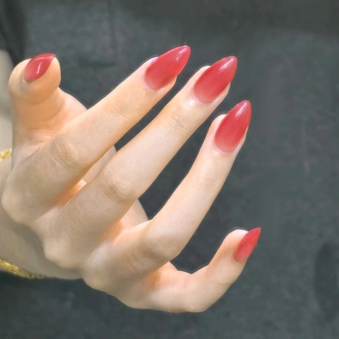 Glossy Red Almond Press On Nails Simple Elegant False Nails For Women Full Cover Artificial Fingernails
