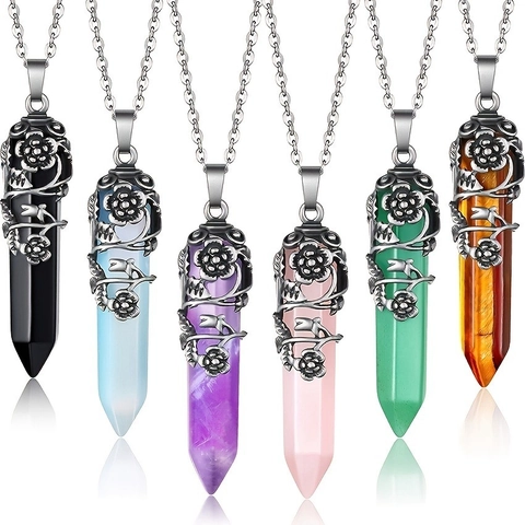 Vintage Hexagonal Pillar Pendant Necklace Natural Gemstone Crystal With Flower Vine Alloy Wrap Bohemian Retro Jewelry