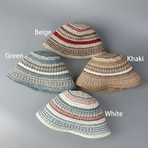 Knitted Bucket Hat Women Hollow Color Block Stripe Sunshade Summer Outdoor Beach Fisherman Hat Breathable Polyester