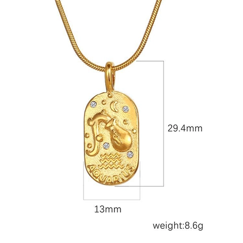 Zodiac Constellation Necklace 18K Gold Plated Stainless Steel Zircon Oval Pendant Plate Retro Minimalist Snake Chain For Women