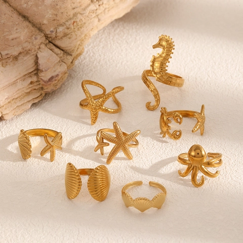 Ocean Theme Rings Stainless Steel Seahorse Starfish Shell Adjustable Open Jewelry Women Summer Beach Vacation Gold