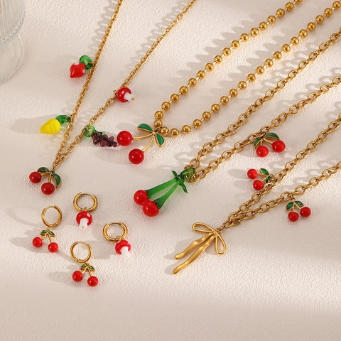 Collana Pendente Frutta Acciaio Inossidabile Resina Smalto Ciliegia Fungo Fiocco Placcato Oro Gioielli Donna