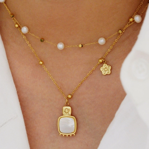 Collana E Bracciale In Acciaio Inossidabile Placcato Oro 14K Fiore Di Madreperla Ciondolo Luna Rosa Perla Artificial Gioielli Eleganti Per Donna