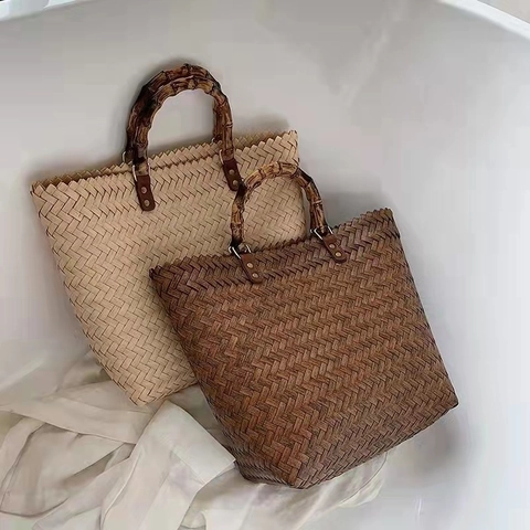Gevlochten Handtas Met Bamboe Handvat Vintage Stro Tote Grote Capaciteit Vakantie Strandtas Voor Dames