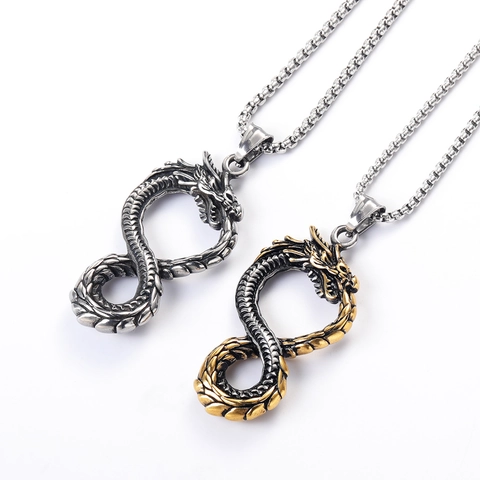 Viking Dragon Pendant Necklace Stainless Steel Infinity Symbol Punk Gothic Vintage Jewelry For Men And Women