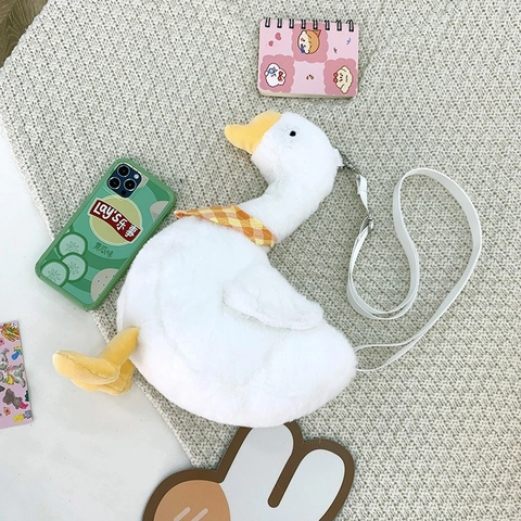 Plush Goose Crossbody Bag Cartoon Duck Shoulder Bag With Plaid Scarf Cute Animal Shaped Messenger For Women Girls