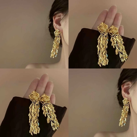 Elegantes Pendientes De Borla Larga Con Flor De Rosa Y Poste De Plata Hoja De Metal Joyería Chic Para Mujer