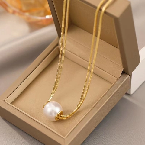 Elegant Gold Titanium Steel Double Layer Necklace With Artificial Pearl Pendant Fashion Snake Bone Chain For Women Jewelry