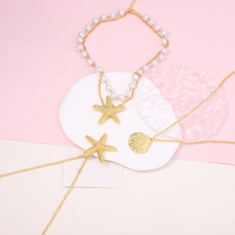 Collar con Colgante de Estrella de Mar y Concha de Estilo Marino de Moda para Mujer Conjunto de Joyas de Aleación Oro Plata y Perla Artificial para Vacaciones en la Playa