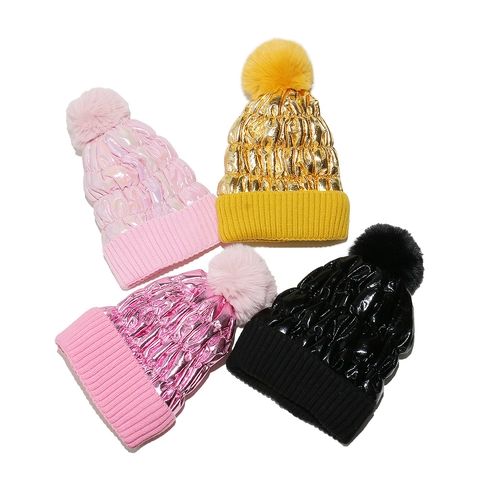 Winter Strickmütze Für Damen Mit Künstlicher Fellpompon Metallisch Beschichtete Warme Thermomütze Für Den Alltag Modeaccessoire