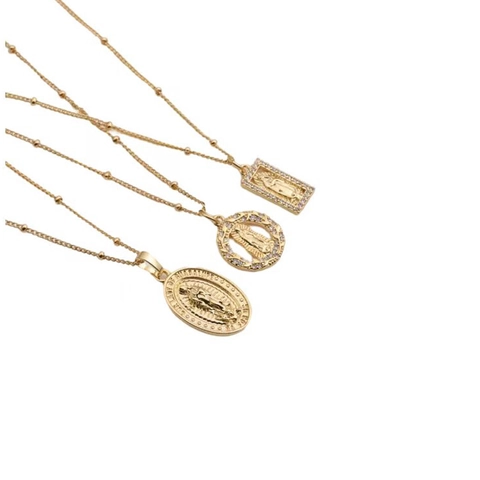 Collana Pendente Vergine Maria Religiosa Rame Zircone Medaglione Placcato Oro Catena A Sfere Gioielli Per Donne
