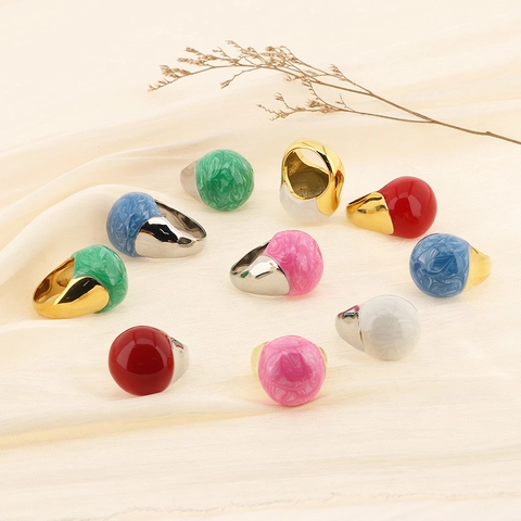 French Retro Stainless Steel Candy Color Enamel Ball Ring For Women Exaggerated Marble Pattern Geometric Finger Ring Fashion Jewelry