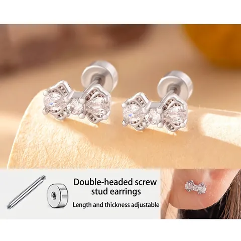 Bow Stud Earrings Titanium Steel And Cubic Zirconia Double Head Screw Back Piercing Ear Bone Jewelry For Women