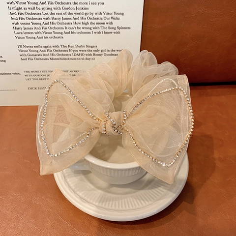 Large Bow Scrunchie Mesh Tulle Rhinestone Beaded Edge Hair Tie Elegant Korean Style Fashion Ponytail Holder For Women